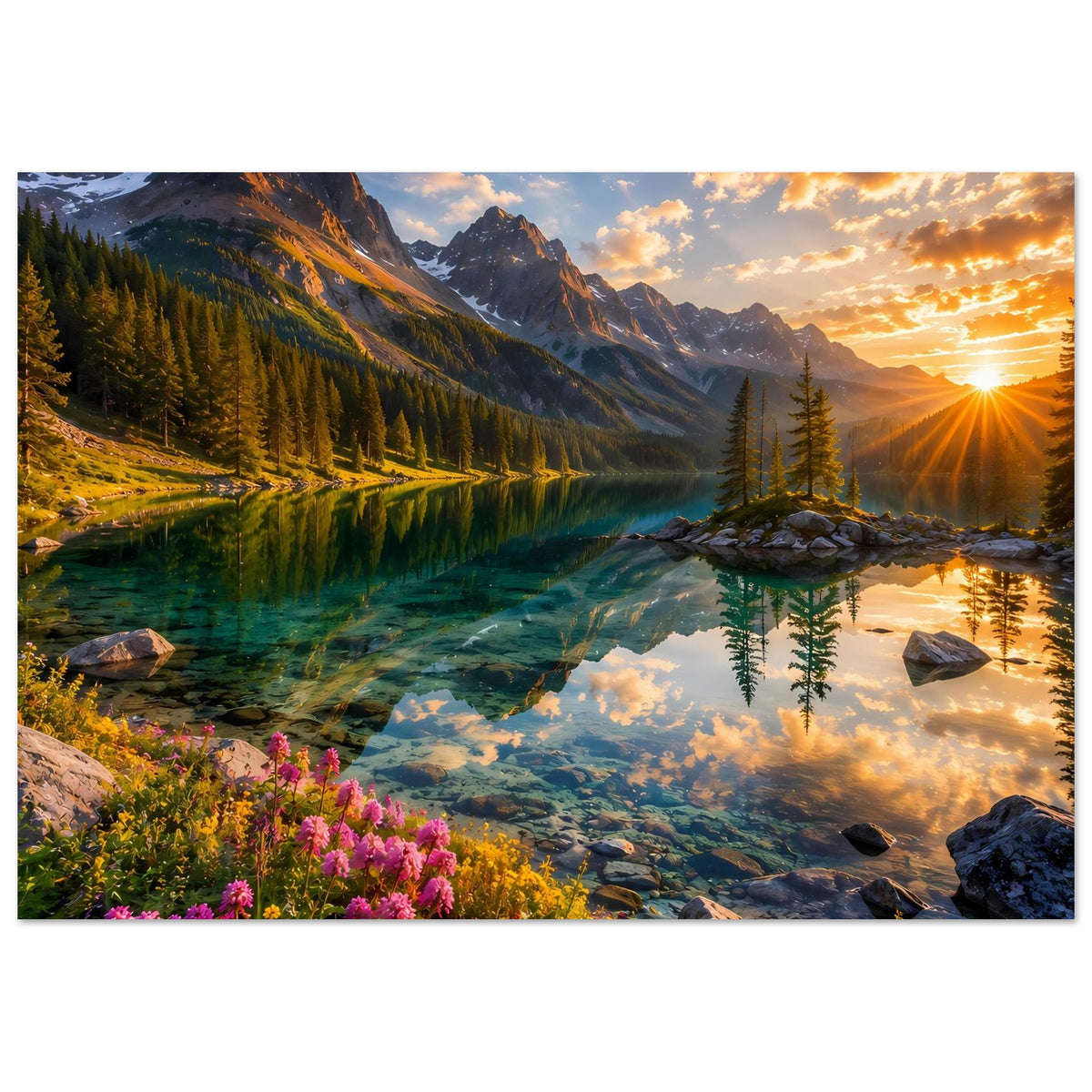 Landschaftsposter mit Bergsee und Sonnenaufgang, reflektierender Wasserfläche, Tanne und Felsen