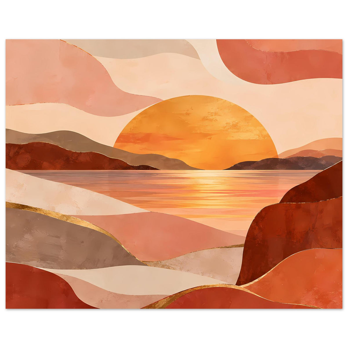 Horizontales Poster mit abstrakten Wellenformen, großer Sonne am Horizont und Wasserlinie