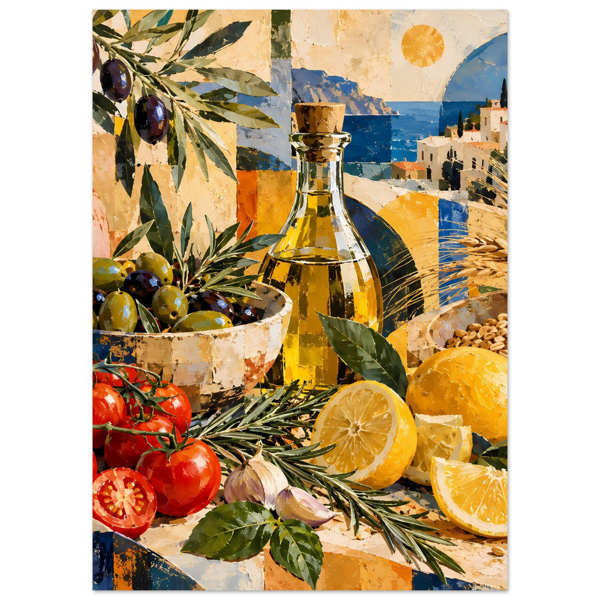 Stillleben-Poster mit Ölflasche, Oliven, Tomaten, Zitrusfrüchten und Weizen