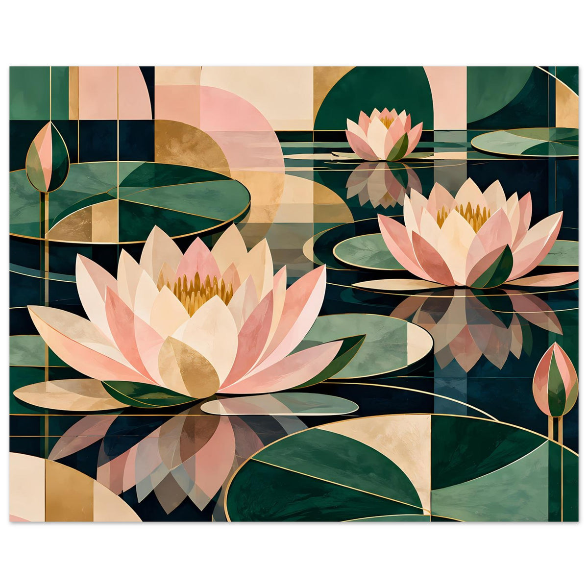 Lotusposter mit Seerosenblüten und grünen Blättern in Rosa-Grün auf linearem Muster