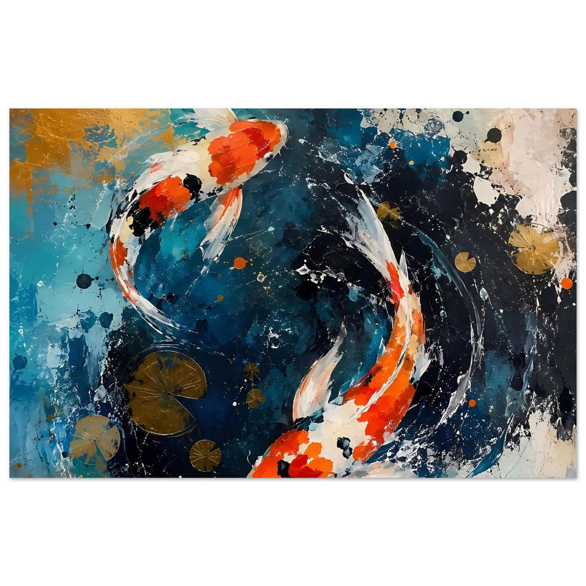Horizontales Koi-Poster mit zwei Fischen im abstrakten Wirbel, Blau, Orange und Spritzfarbe