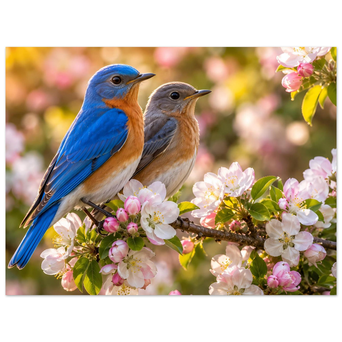 Vertikales Poster: blauer Vogel und brauner Vogel auf blühenden Zweigen