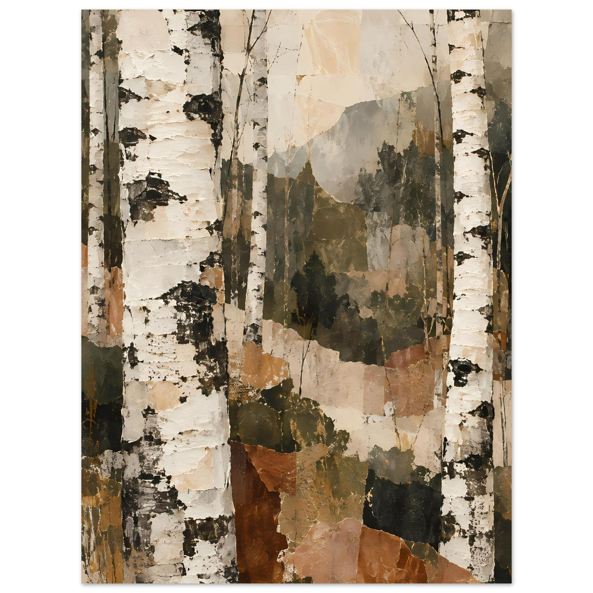 Kunstposter mit Birkenwald-Motiv, Hochformat; weiße Baumstämme, grüne Schattenflächen, Rosttöne