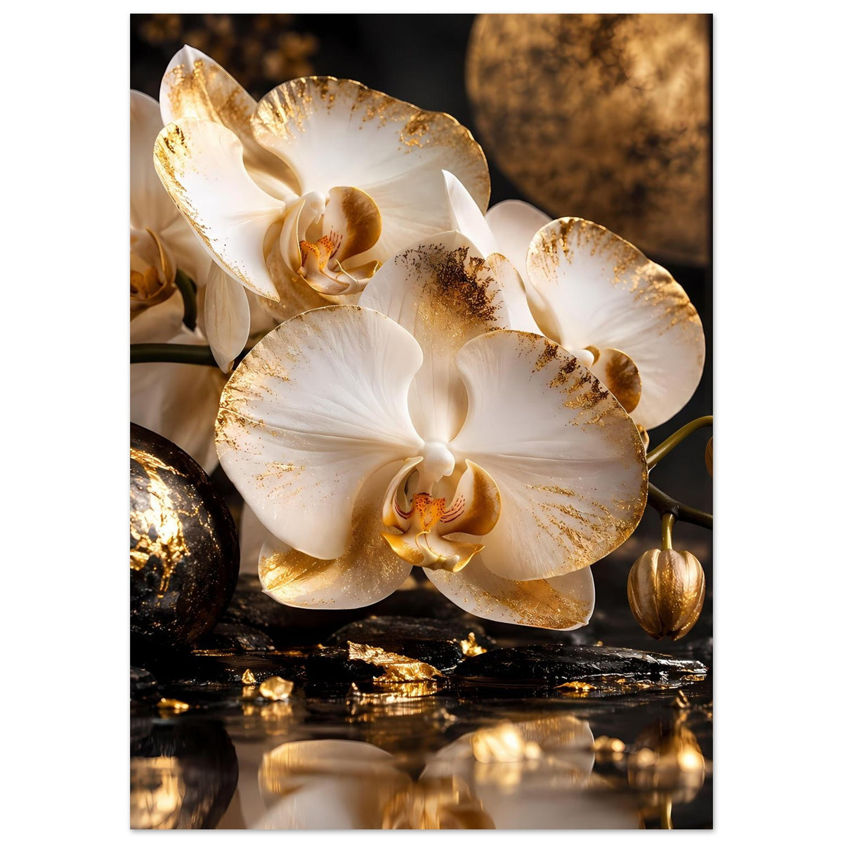 Poster mit weißen Orchideenblüten und goldfarbenen Akzenten auf dunklem Steinuntergrund
