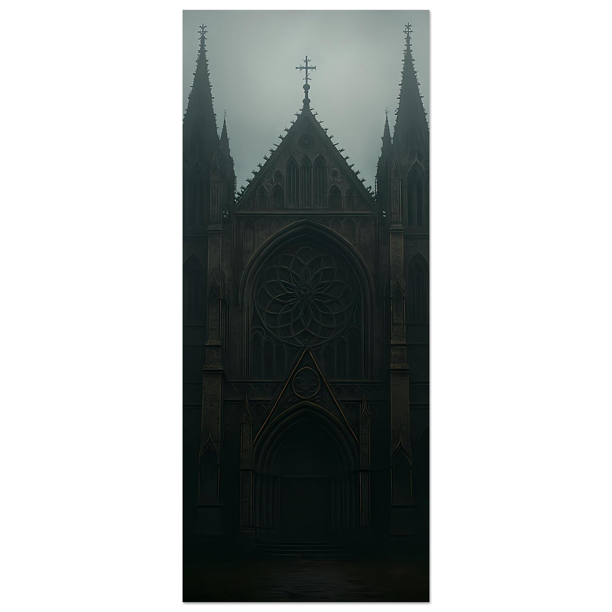 Kunstdruck im Hochformat: gotische Kathedrale im Nebel, drei Türme, Torbogen und Rosette