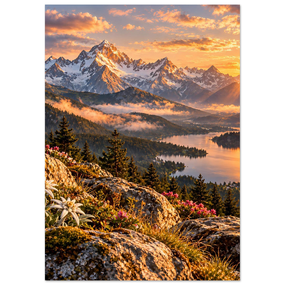 Vertikales Poster: Sonnenuntergang über Bergkette, See und Fels mit Blüten