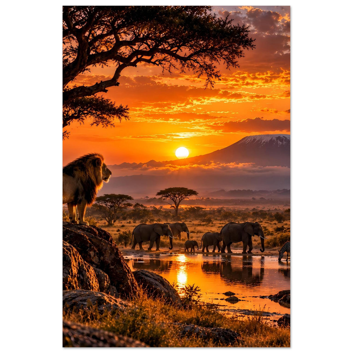 Hochformat-Poster mit Löwe am Felsen und Elefanten am Wasser bei Sonnenuntergang