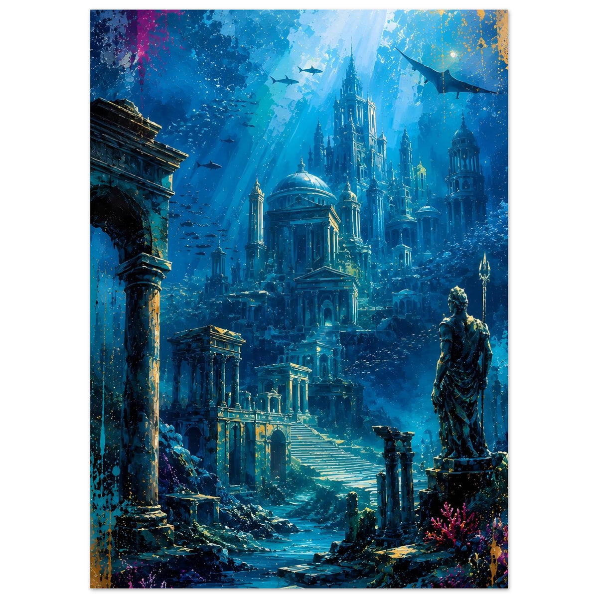 Unterwasserstadt-Poster: blaue Atlantis-Ruinen mit Säulenreihe und Statue im rechten Vordergrund