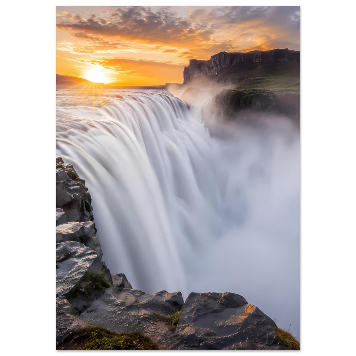 Hochformat-Poster: mächtiger Wasserfall zwischen Felsen, warmer Sonnenuntergang, dichter Dunst