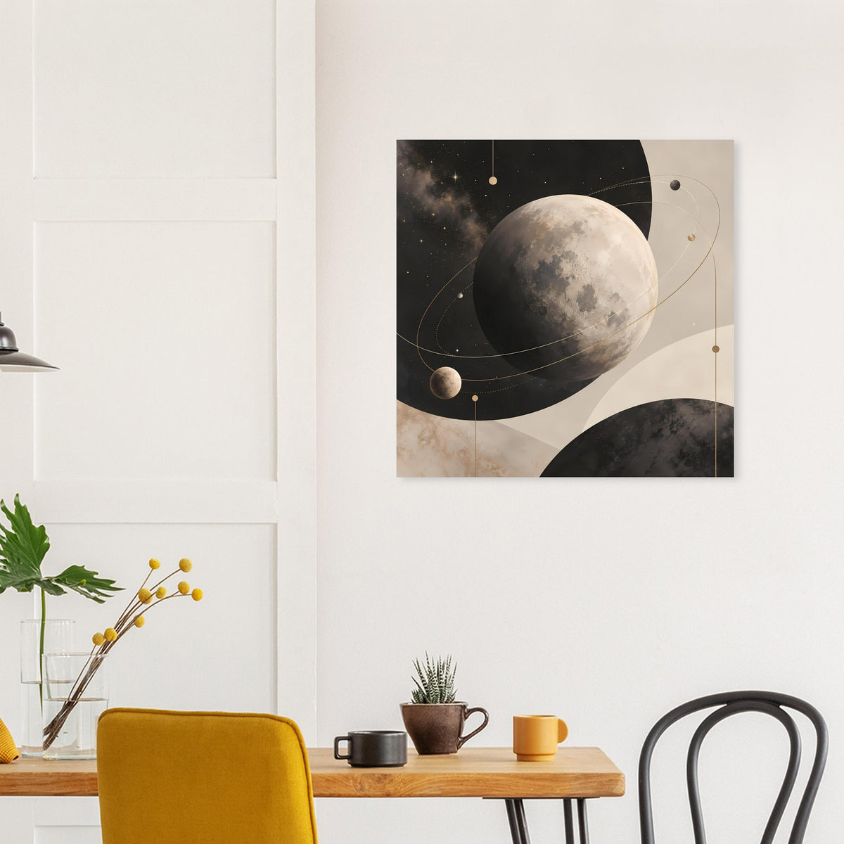 Quadratisches Poster mit Mond, Sternen und abstrakten Bögen in warmen Erdtönen