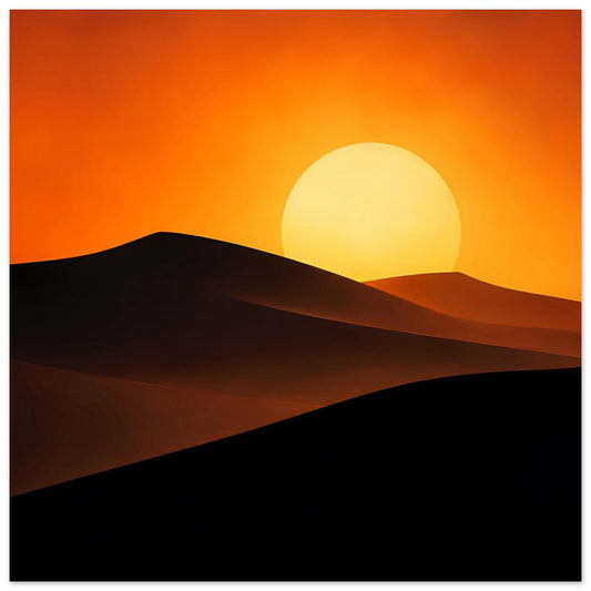 Wüsten-Poster mit gelber Abendsonne über schwarzen Sanddünen und warmem Himmel