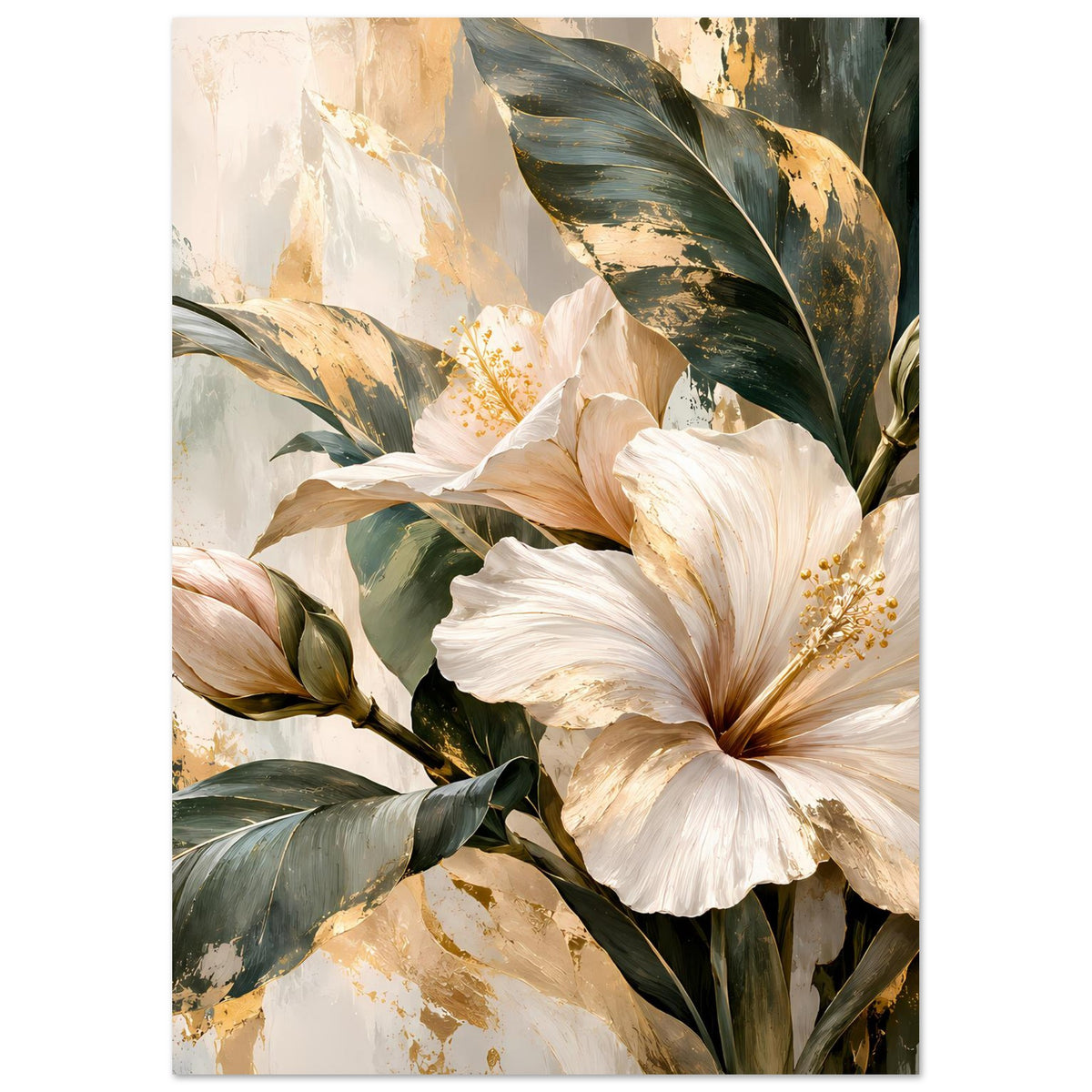 Blumenposter im Hochformat: weiße Blüte mit goldenen Staubfäden und grünen Blättern
