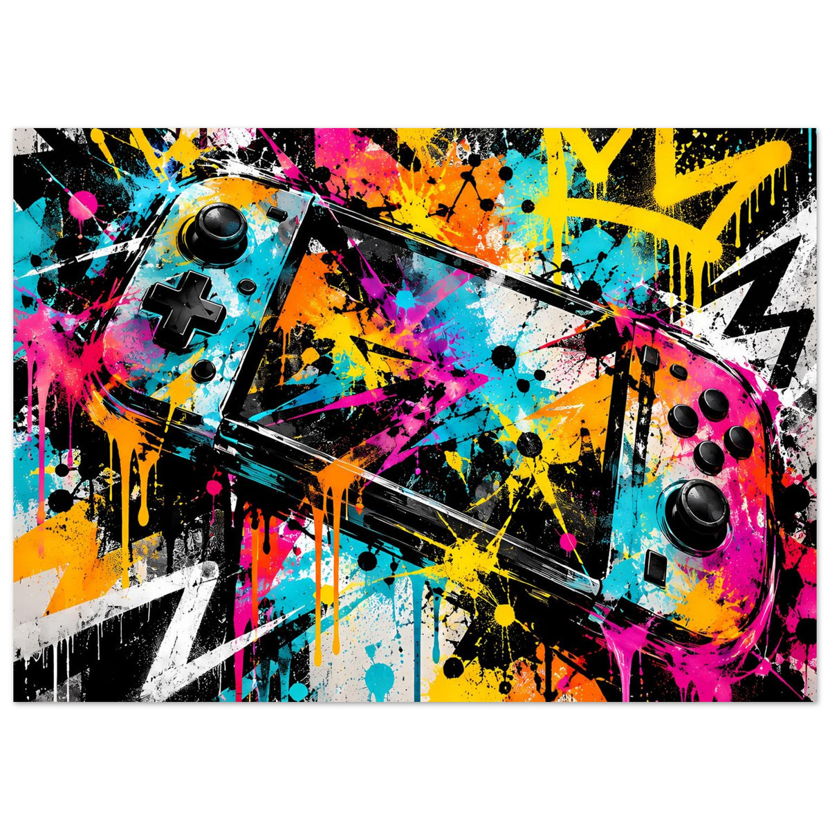 Graffiti-Gaming-Poster, horizontales Format mit Controller-Motiv und kontrastreicher Sprühgraffiti-Optik
