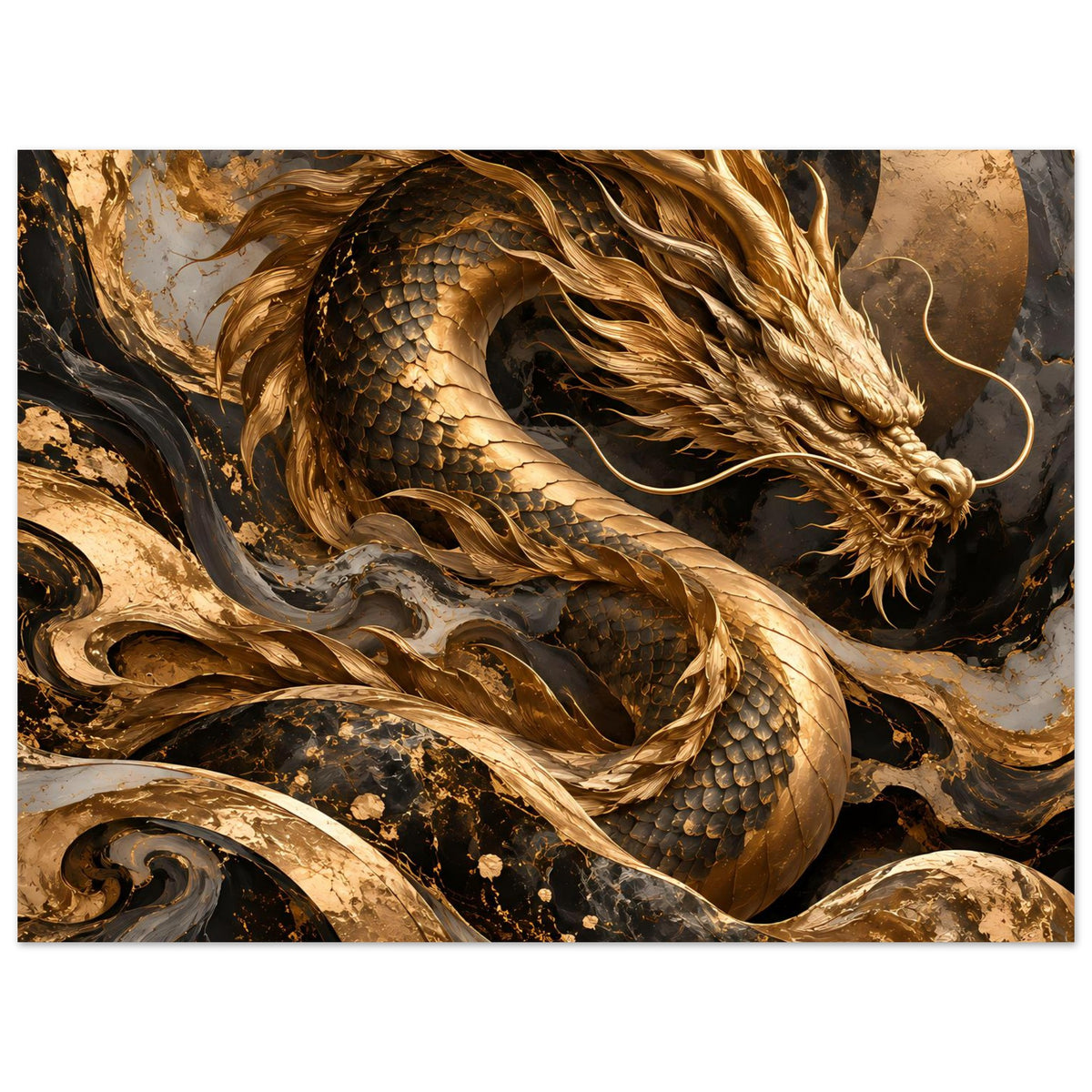 Fantasy-Poster mit goldenem Drachen über gewundenen Rauchlinien, dunkle Texturen und goldene Akzente
