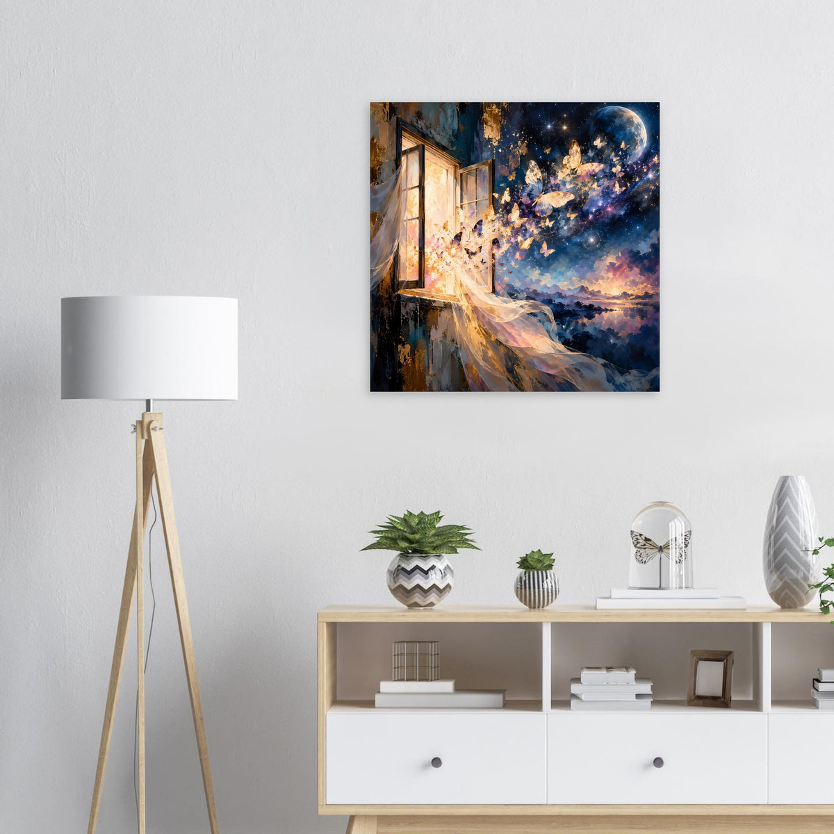 Quadratisches Kunstposter mit nächtlicher Szene, blauem Himmel und leuchtenden Schmetterlingen