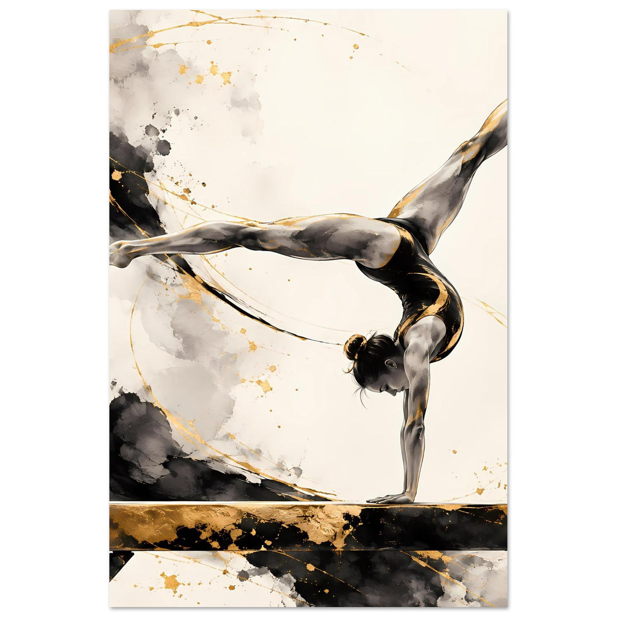 Vertikales Gymnastikposter mit Turnerin in Handstand, schwarz-goldenes Spritzdesign