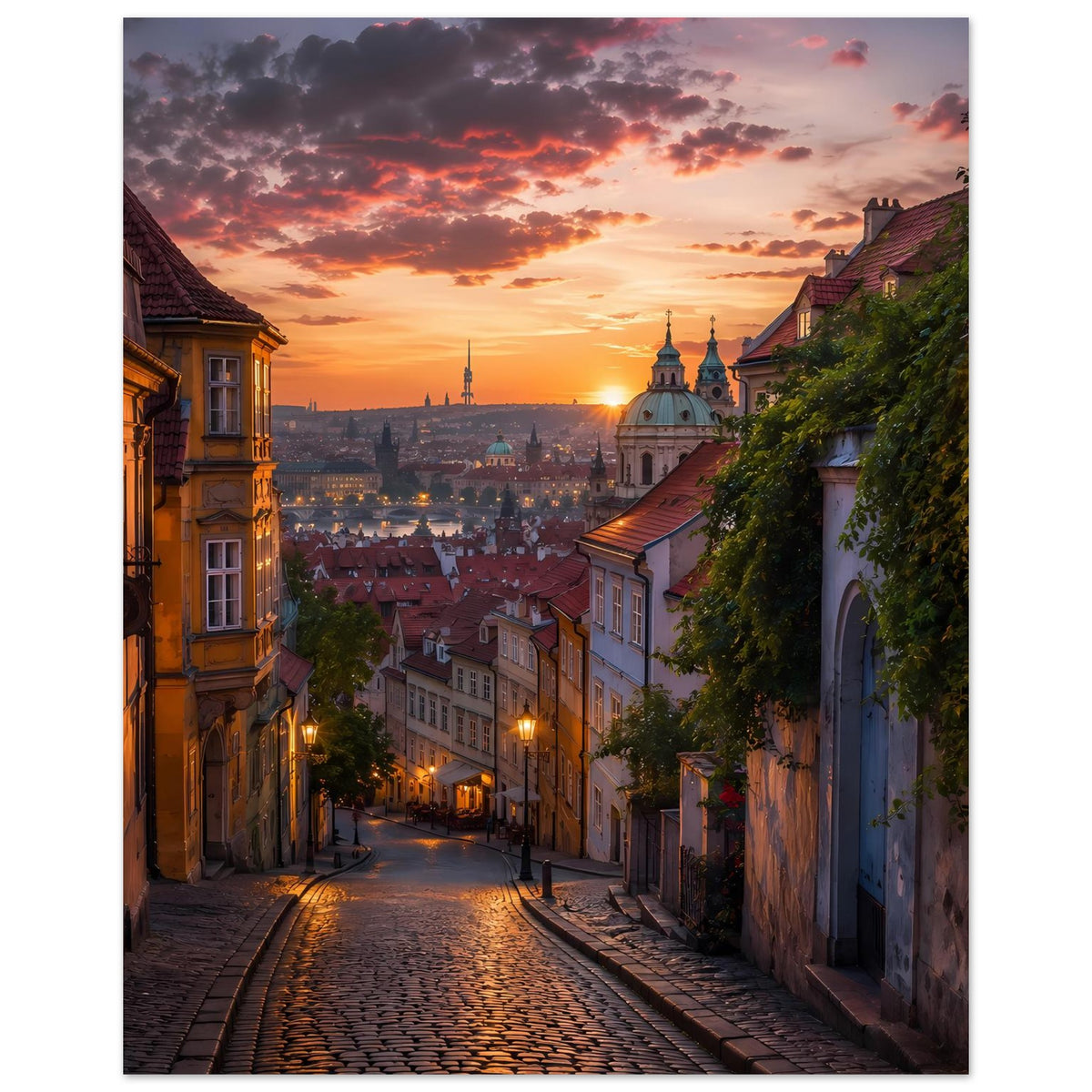 Wandposter: Prager Gasse im Sonnenuntergang, beleuchtete Pflasterstraße und Stadtlinie