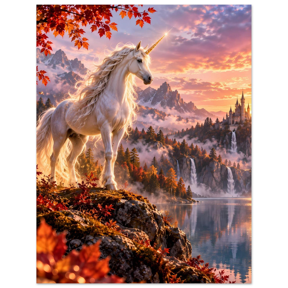 Einhorn-Fantasyposter (vertikal): weißes Einhorn vor herbstlichem Wald, Schloss am Fluss
