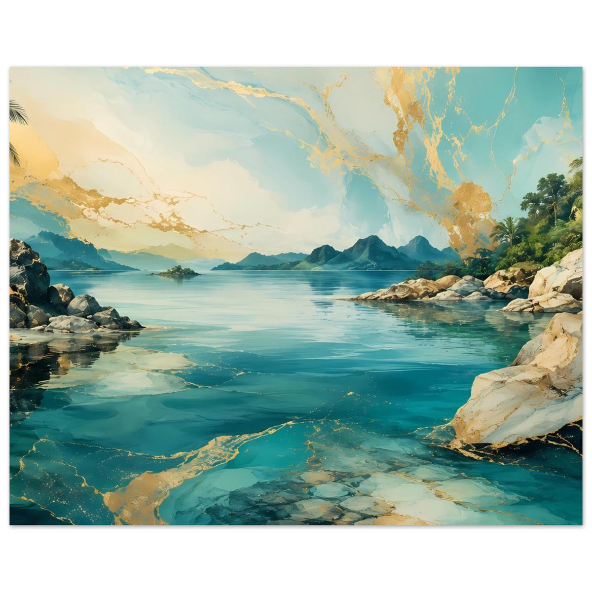 Horizontales Poster der Küste: türkisblaues Wasser, Felsbuchten, goldene Lichtspuren