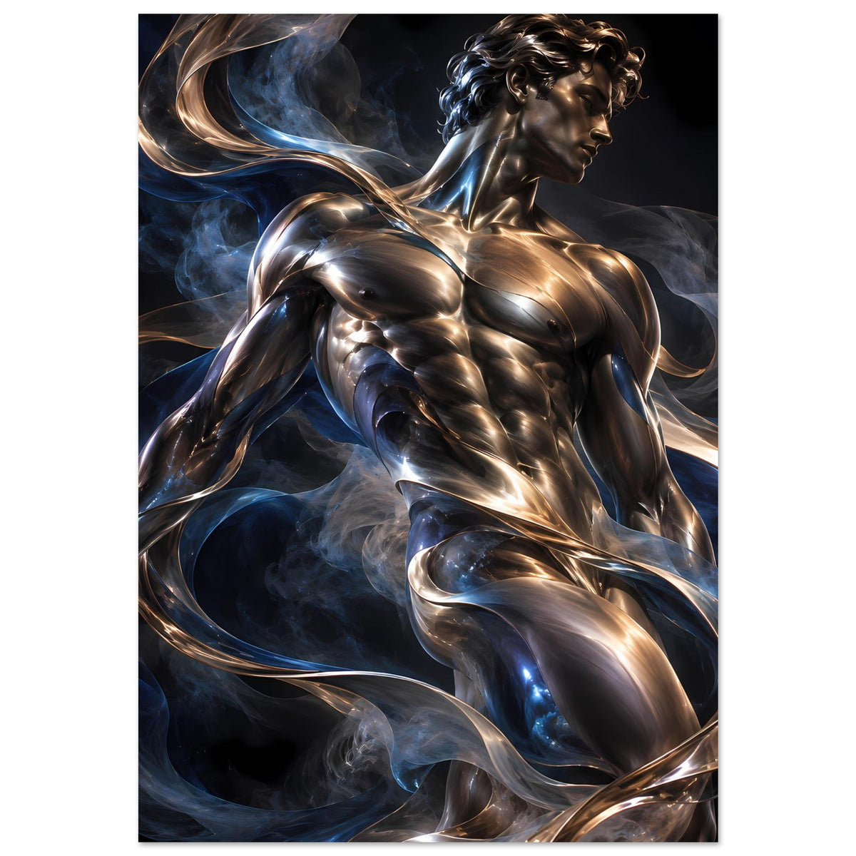 Kunstposter mit silbern glänzendem männlichem Körper, bronzene Akzente und blauer Rauchspirale
