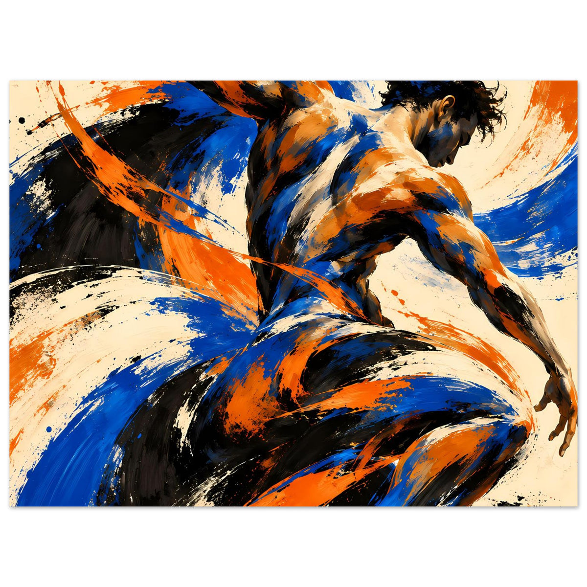 Kunstposter querformat mit abstrakter Figur und Wirbeln in Blau, Orange, Schwarz