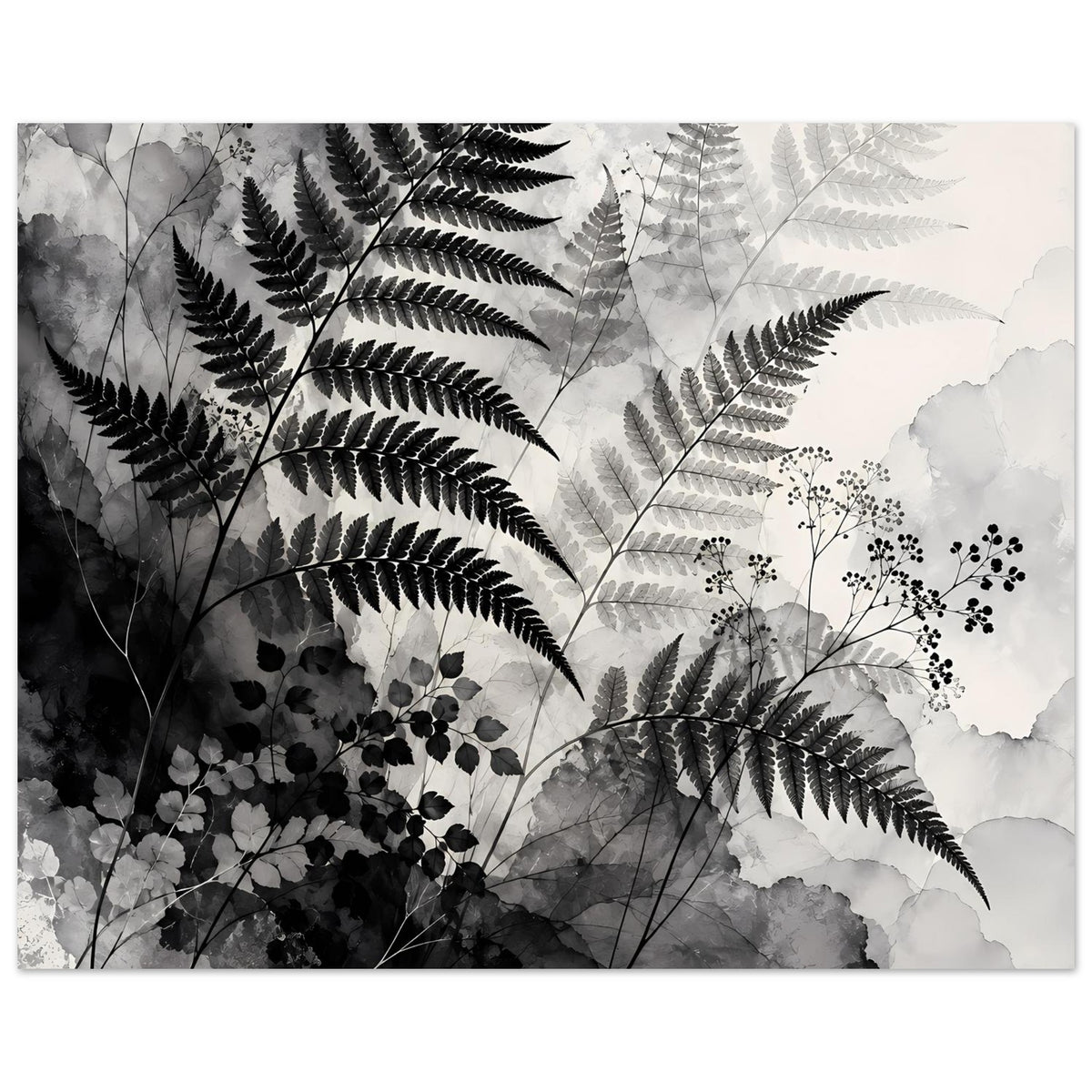 Botanisches Kunstposter mit Farn- und Blattmotiven in Schwarzweiß, im Querformat