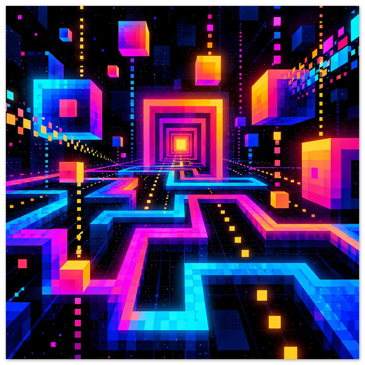Neon-Labyrinth-Poster mit zentraler Portalstruktur und leuchtenden Neon-Kanten in Blau, Pink, Orange
