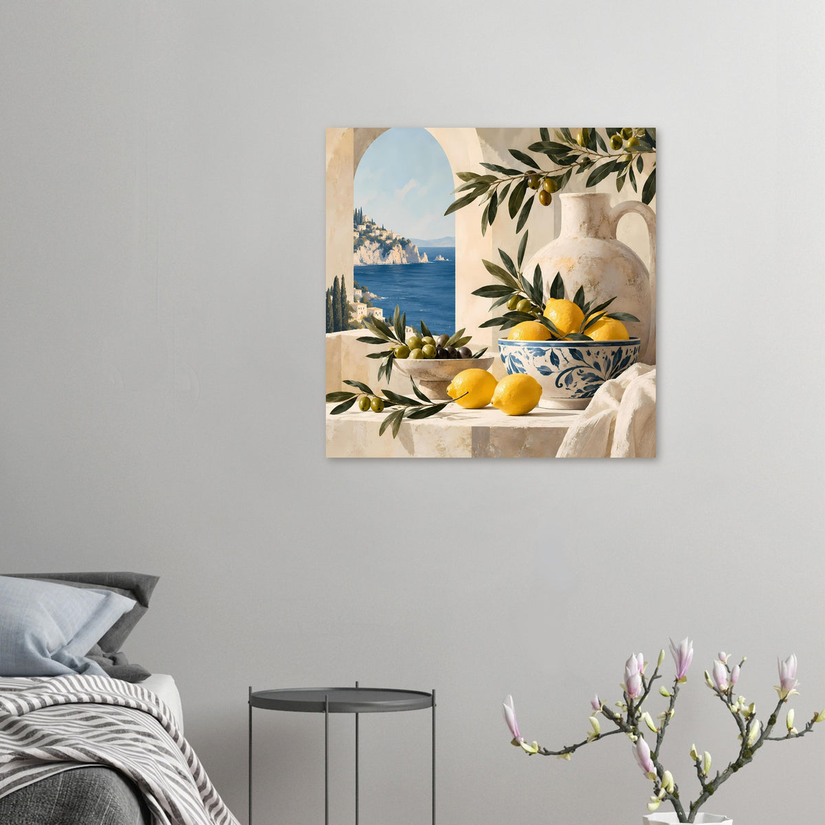 Mediterranes Poster mit Zitronen, Oliven und Olivenzweigen an der Wand
