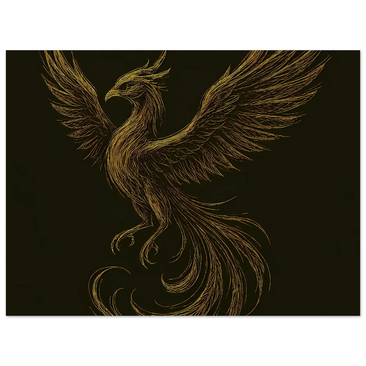 Poster mit goldenem Phönix in Flügelauslage auf dunklem, einfarbigem Hintergrund