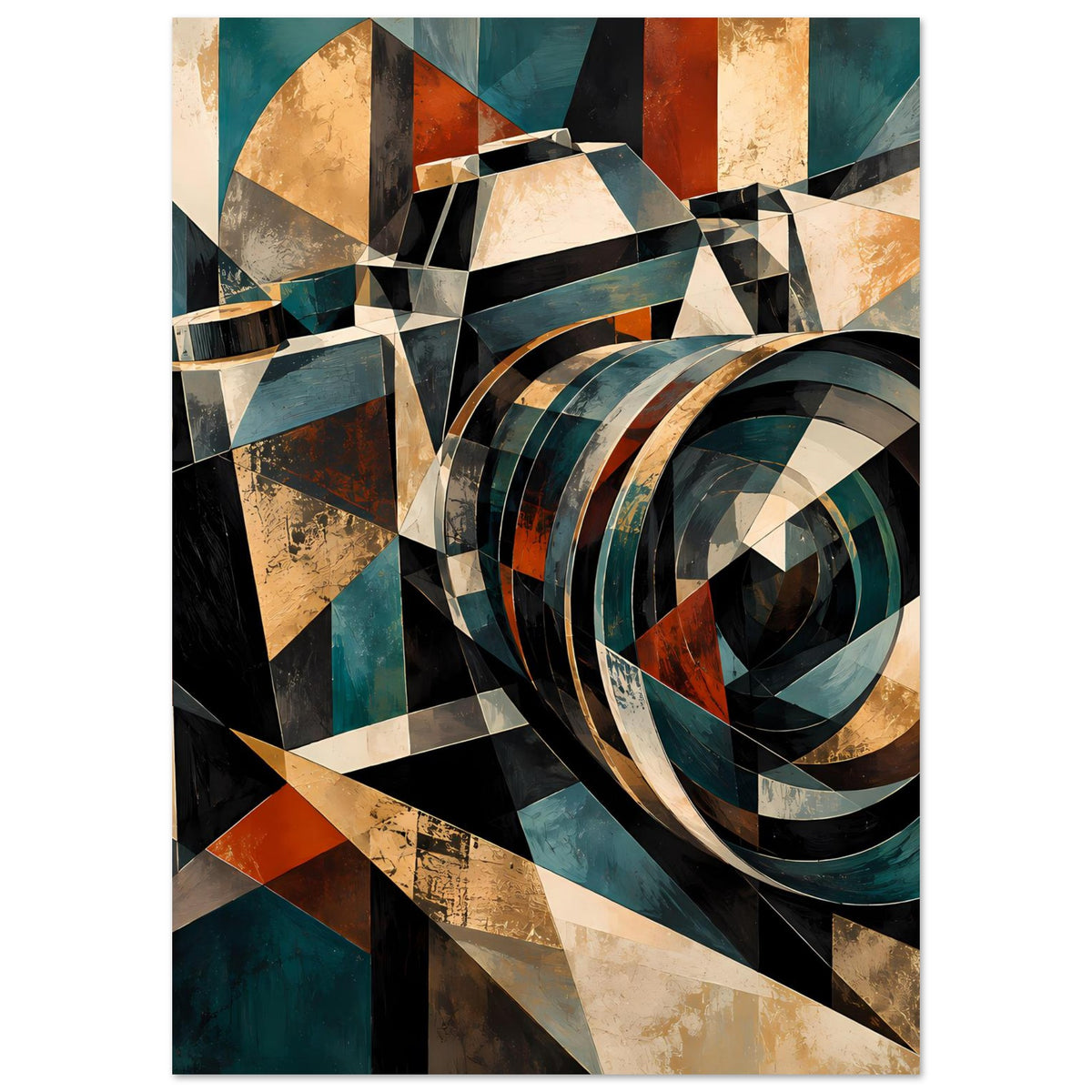 Geometrisches Kamera-Retroposter im Hochformat mit großen Kreisringen und Dreiecken