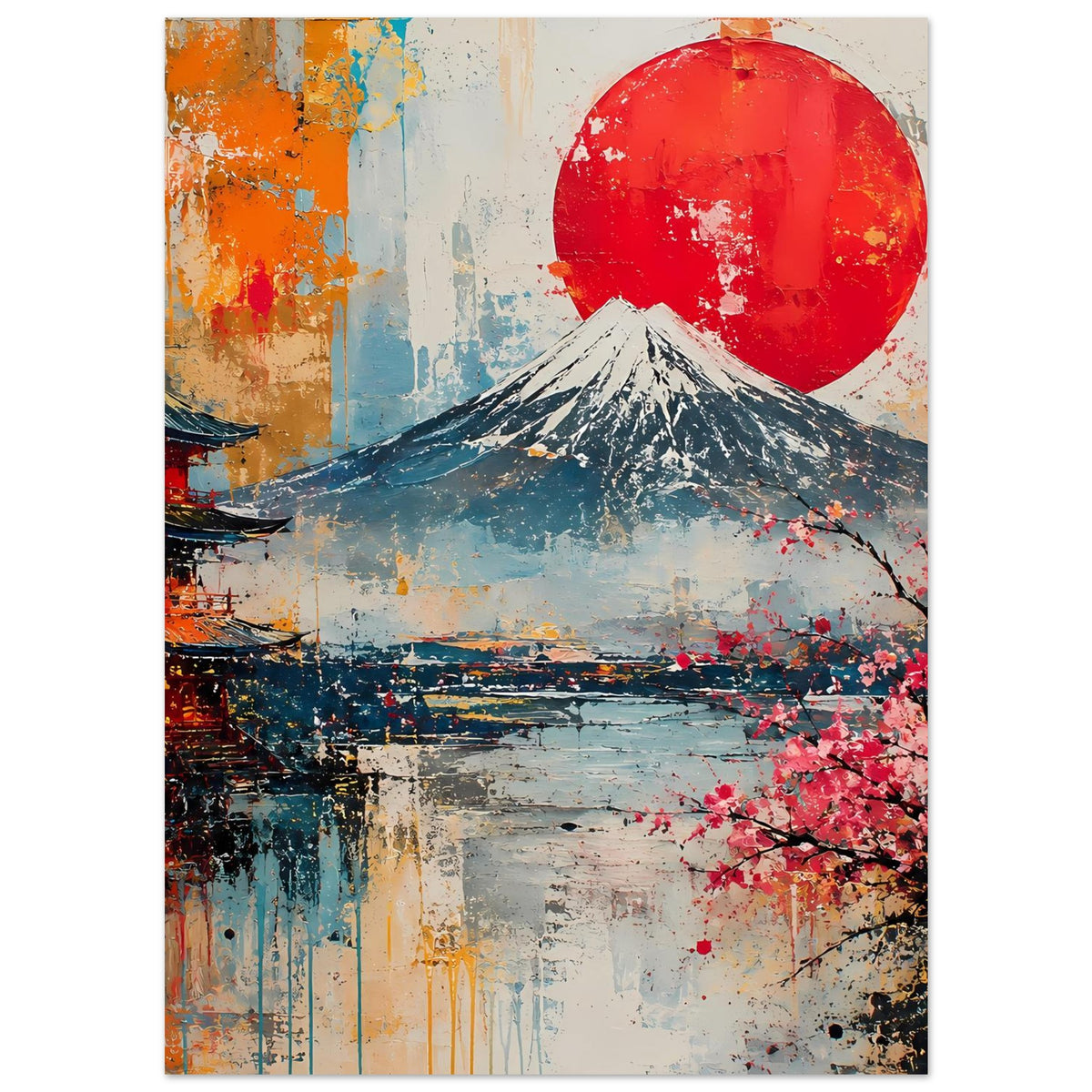 Japanisches Landschaftsposter (hochkant): Fuji, Kirschblütenast und roter Mond im Stil der Malerei