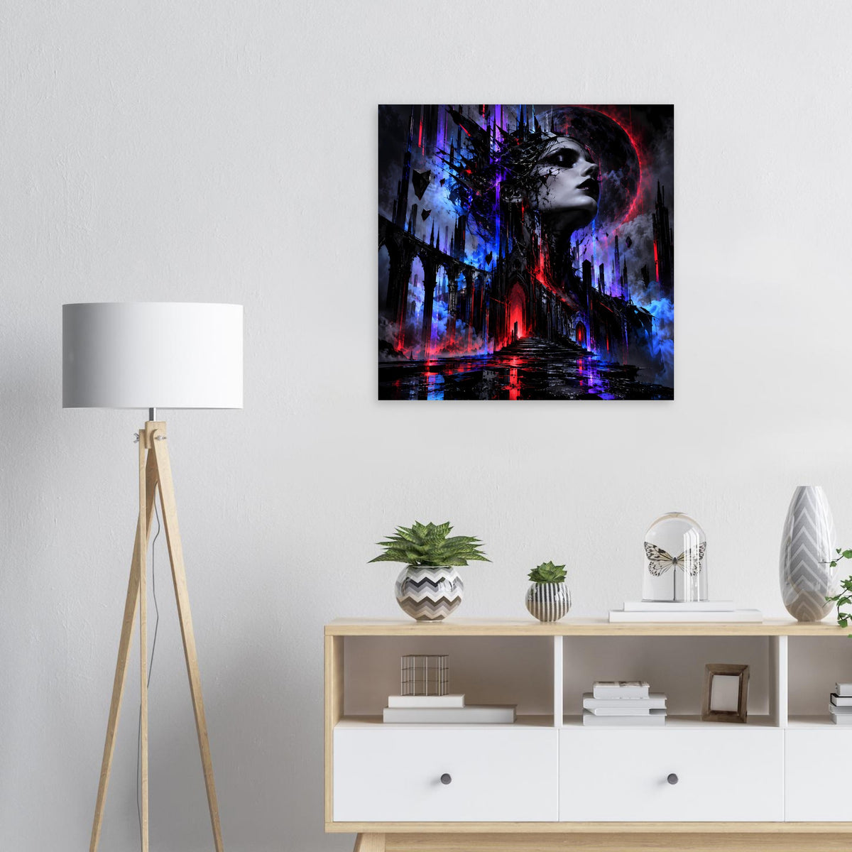 Rechteckiges Gothic-Fantasy-Poster mit Frauenprofil, Neon-Rot und Blau, abstrakter Stadtkulisse