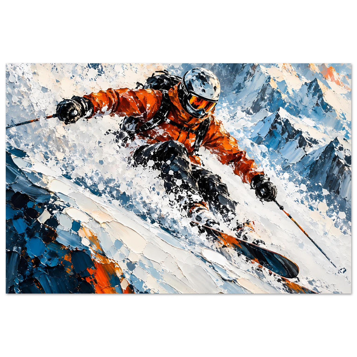 Wintersport-Poster: Skifahrer in Orange auf Ski, Schnee-Spritzmotiv mit Blau-Orange Akzenten
