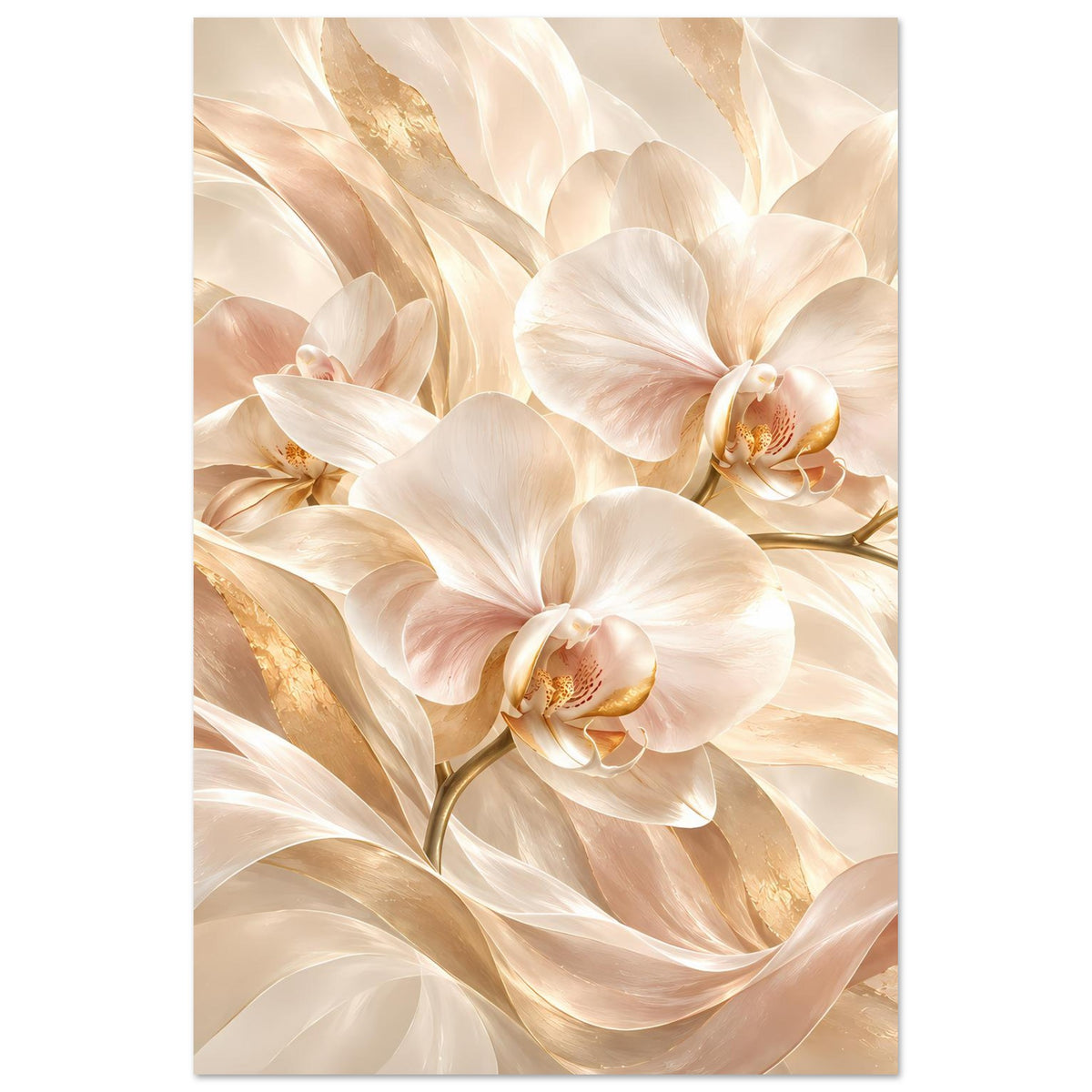 Orchideenposter, weiße Orchideenblüten mit goldenen Details vor cremigen Farbübergängen