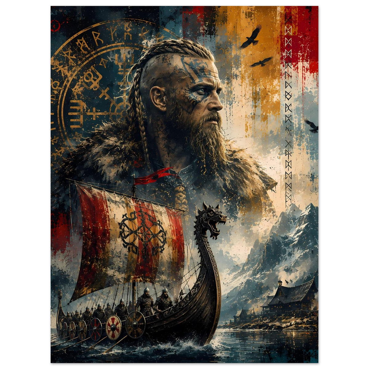 Wikinger-Legendenposter mit Bartmann, Wikingerflagge, Schiffen und Bergen im Hintergrund