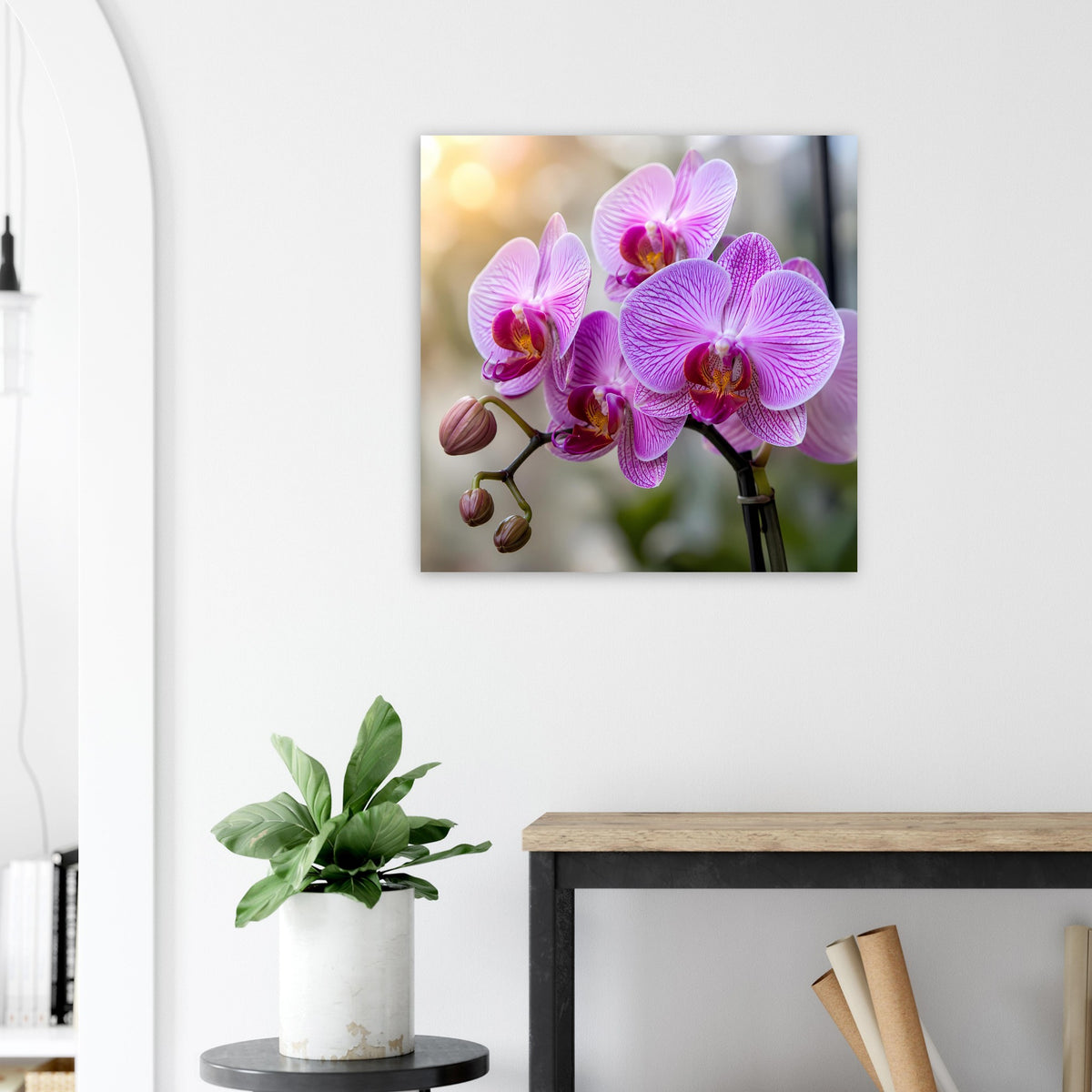 Orchideen-Poster mit pink-violetten Orchideenblüten auf dunklem Hintergrund