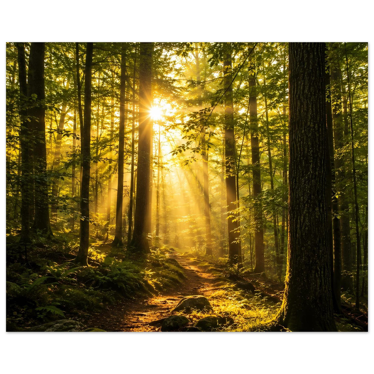 Landschafts-Poster mit Sonnenaufgang im Wald, Lichtkegel über dem Weg und üppigem Grün