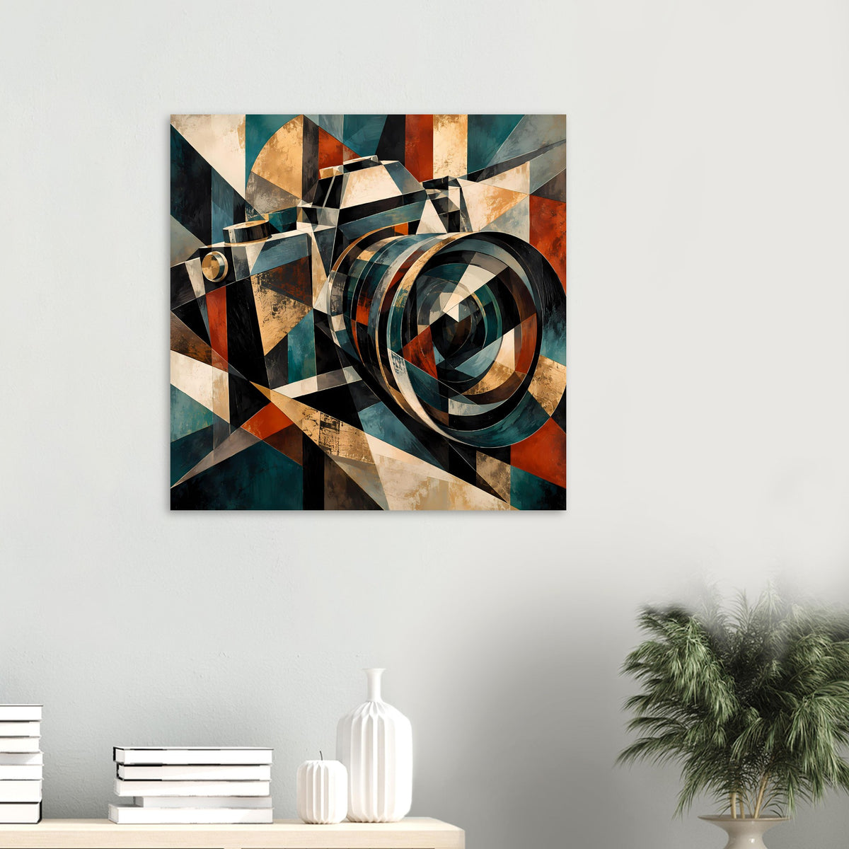 Retro-Kameraposter mit ringförmiger Linse und geometrischen Dreiecken in Petrol und Rostorange