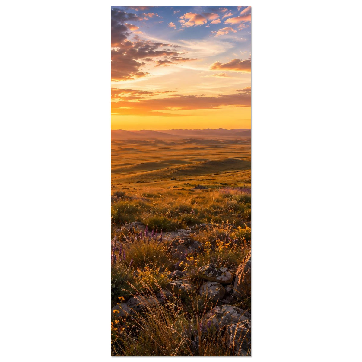 Landschaftsposter im Hochformat: Panorama mit Sonnenlicht, Landschaftsebene, Felsen und Blüten