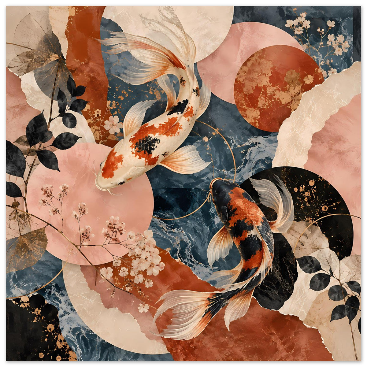 Koi-Fische-Poster im Hochformat, zwei Koi mit Blütenzweigen und Kreisformen