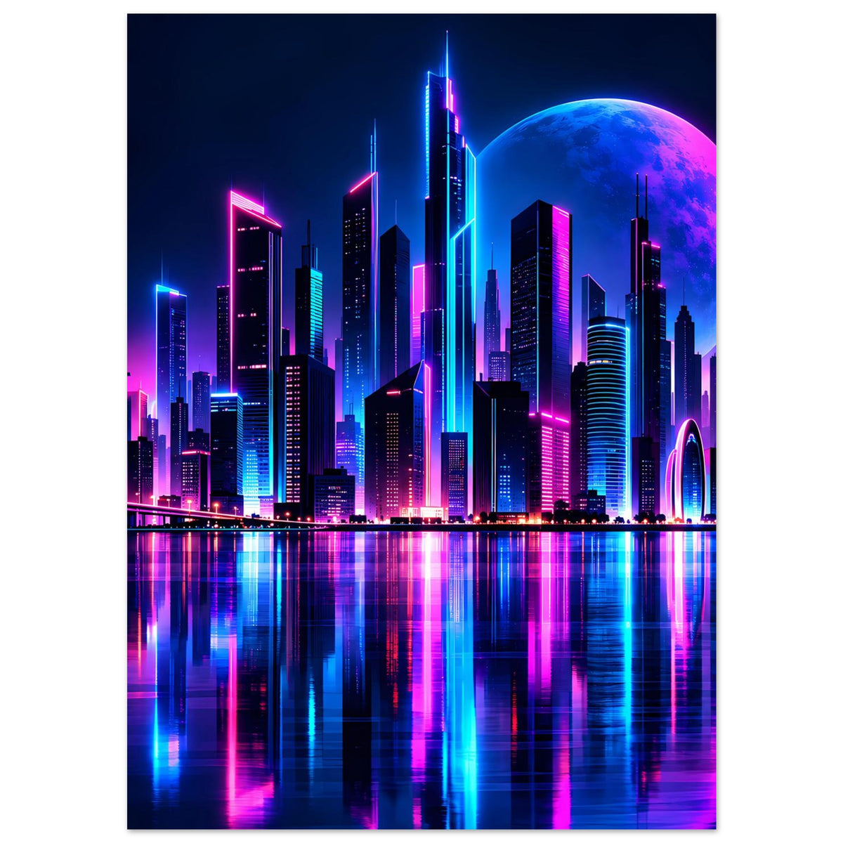 Neon-Stadtpanorama-Poster: farbige Wolkenkratzer, blauer Mond und Spiegelbild im Wasser