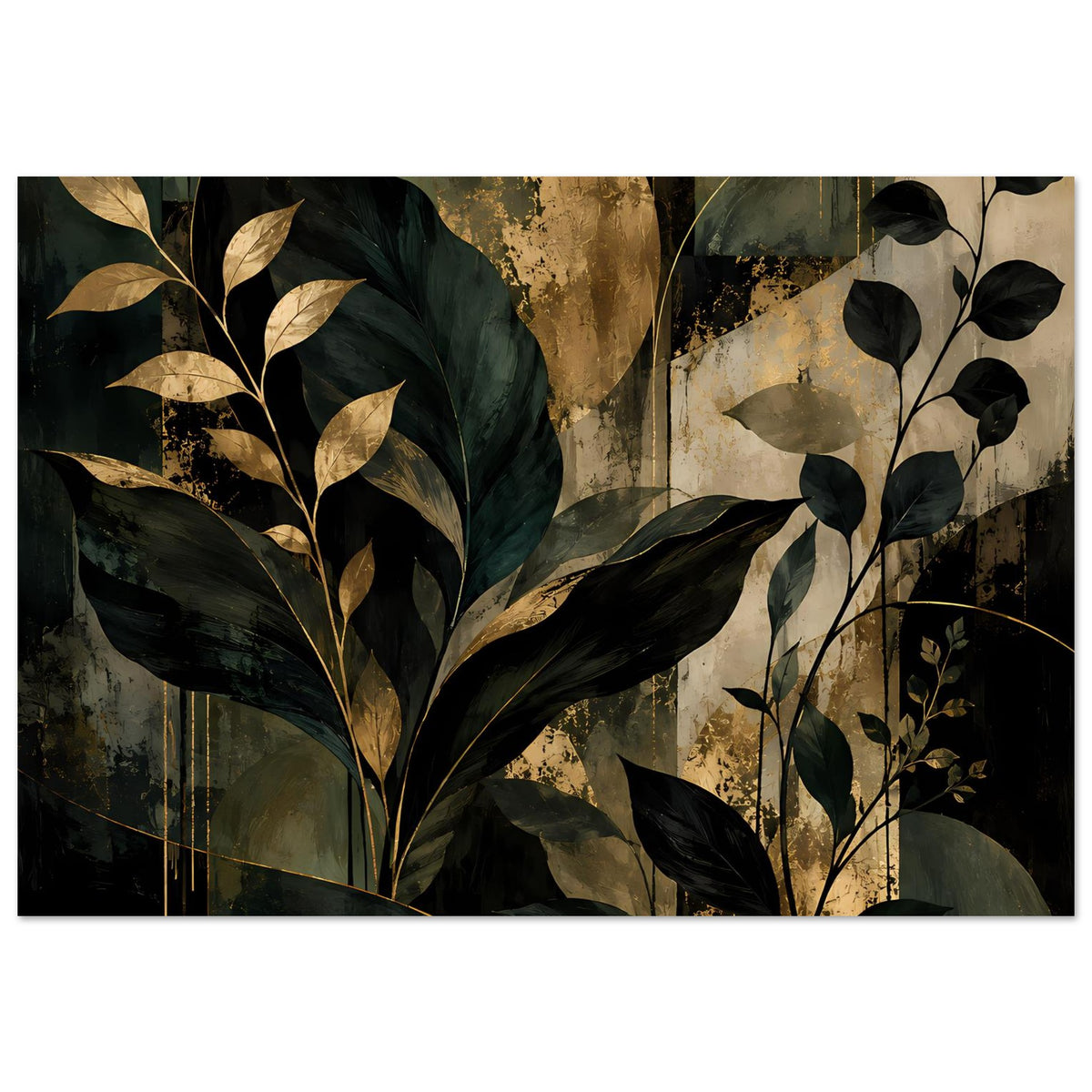 Kunstposter im Querformat mit botanischen Blättern, dunkelgrünem Hintergrund und Goldtönen