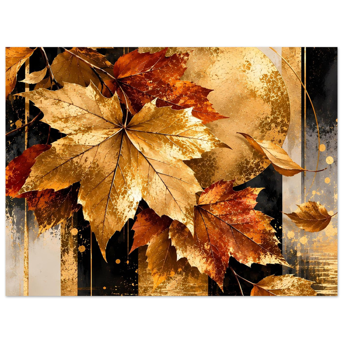 Herbstposter mit goldenen Ahornblättern, goldener Kreissonne und kräftigem Blattmotiv