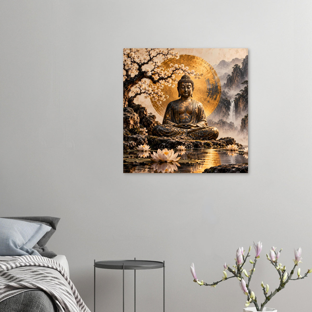 Kleines Poster: sitzender Buddha mit goldener Aura, Kirschblüten, Lotus und Berglandschaft