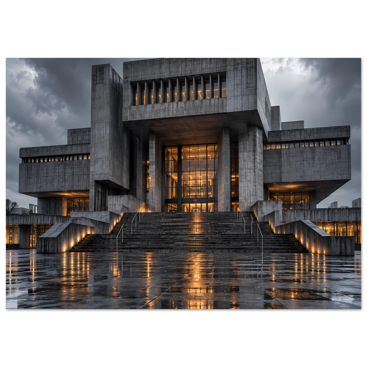 Architekturposter mit brutalistischem Betonbauwerk und warmem Licht im Treppenbereich