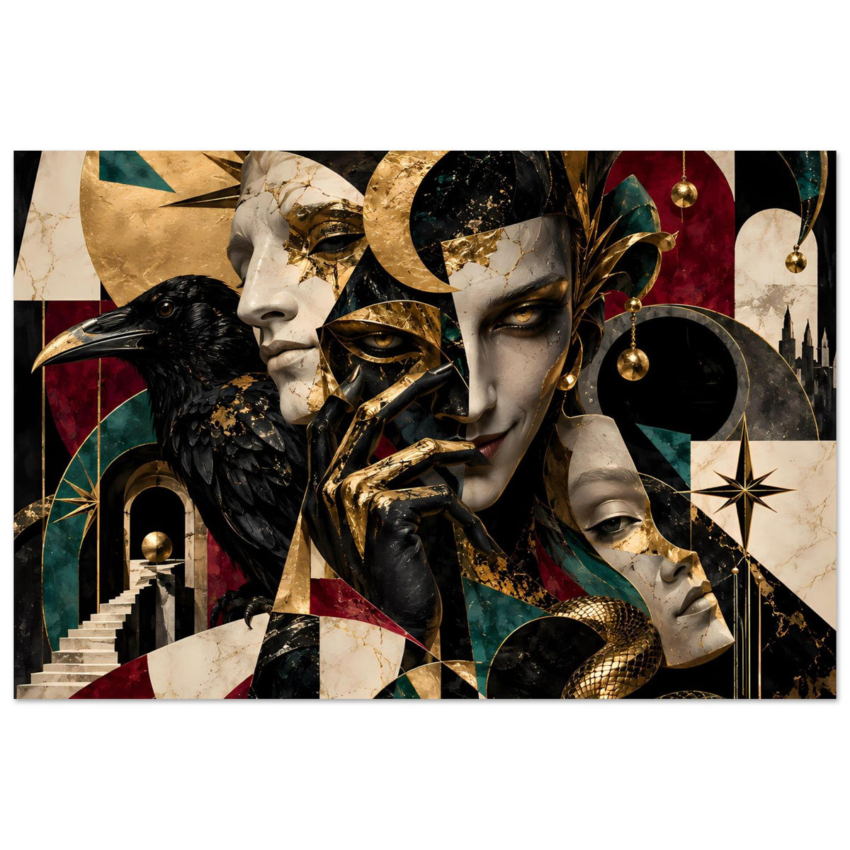 Kunstposter mit Goldakzenten: maskierte Köpfe, goldene Segmente, schwarzer Vogel und goldene Schlange