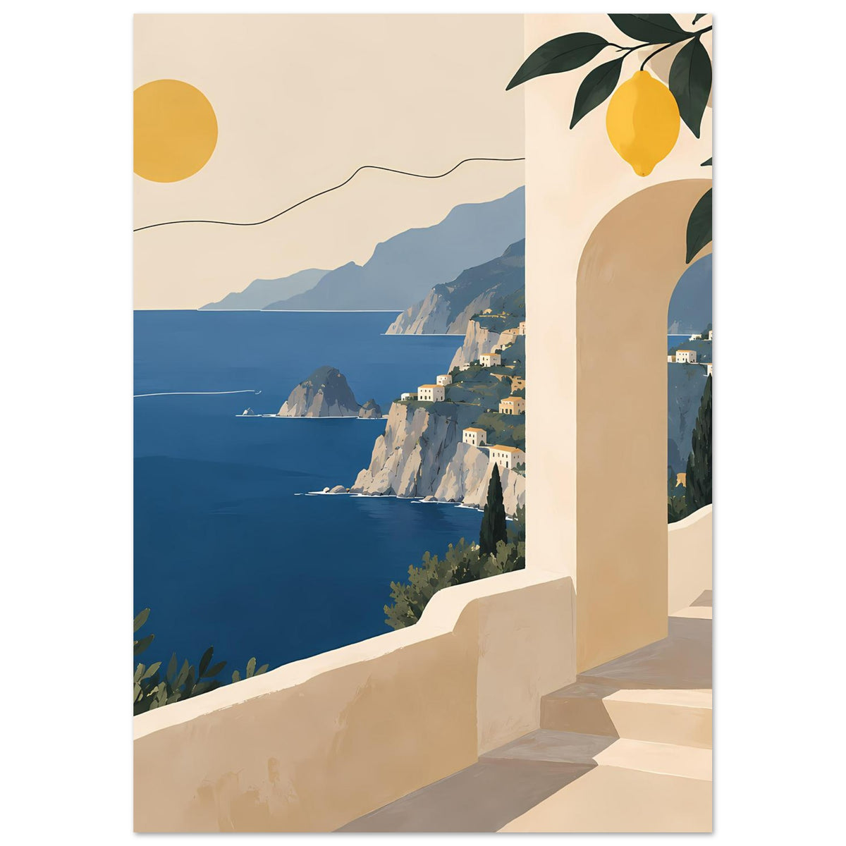 Mediterranes Landschaftsposter mit Meer und Felsküste sowie Balkonbogen mit Zitronen