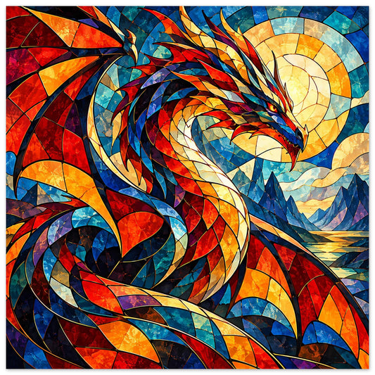 Drachen-Glasmalerei-Poster mit feuriger Schlange in Rot-, Blau- und Goldtönen