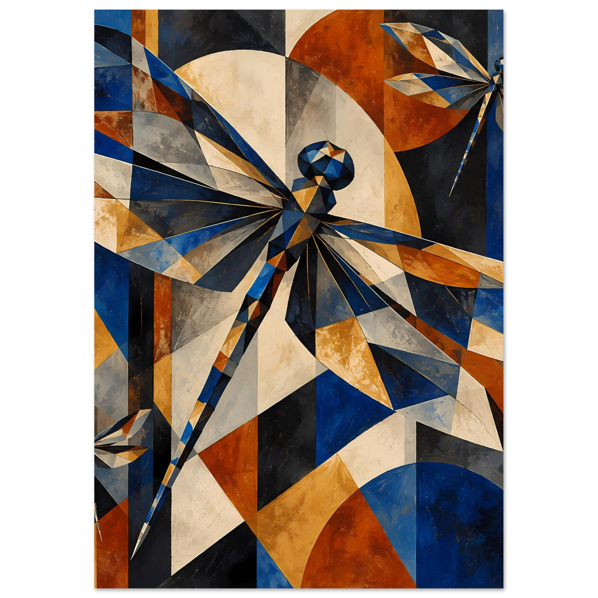 Kunstposter mit geometrischer Libelle, radialen Mustern und Kupfer-Akzenten vor blauem Hintergrund