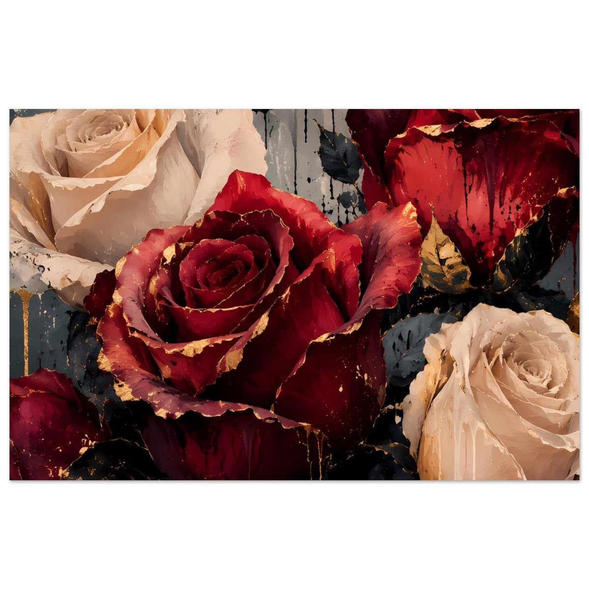 Kunstposter mit Rosen: eine bordeauxrote Rose, cremefarbene Rosen, goldene Akzente
